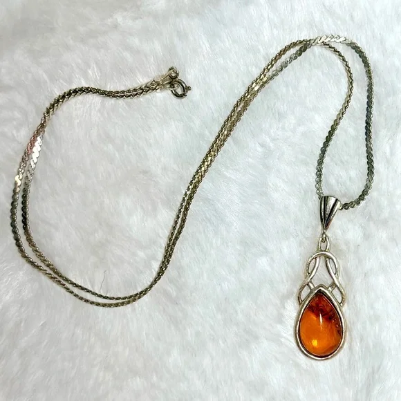 Signed Sterling Silver & Amber Necklace - Picture 2 of 7